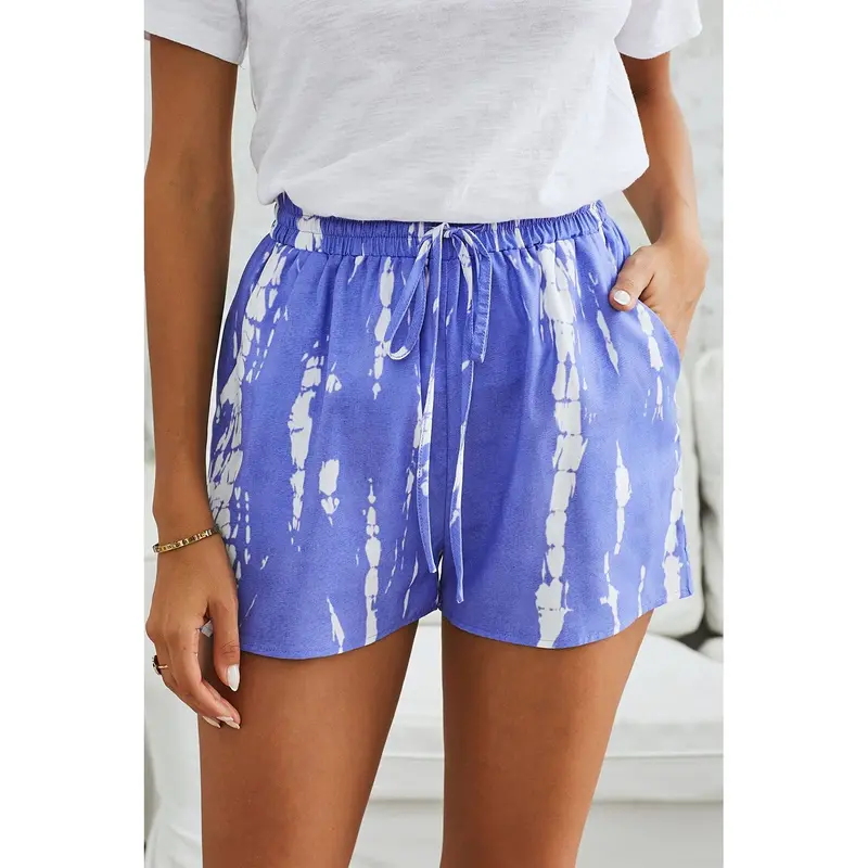 Blue White Tie Dye Drawstring Casual Shorts