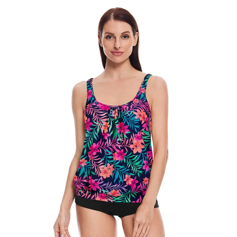 Geblümte Tankini-Oberteil & Schwarz Shorts im Set