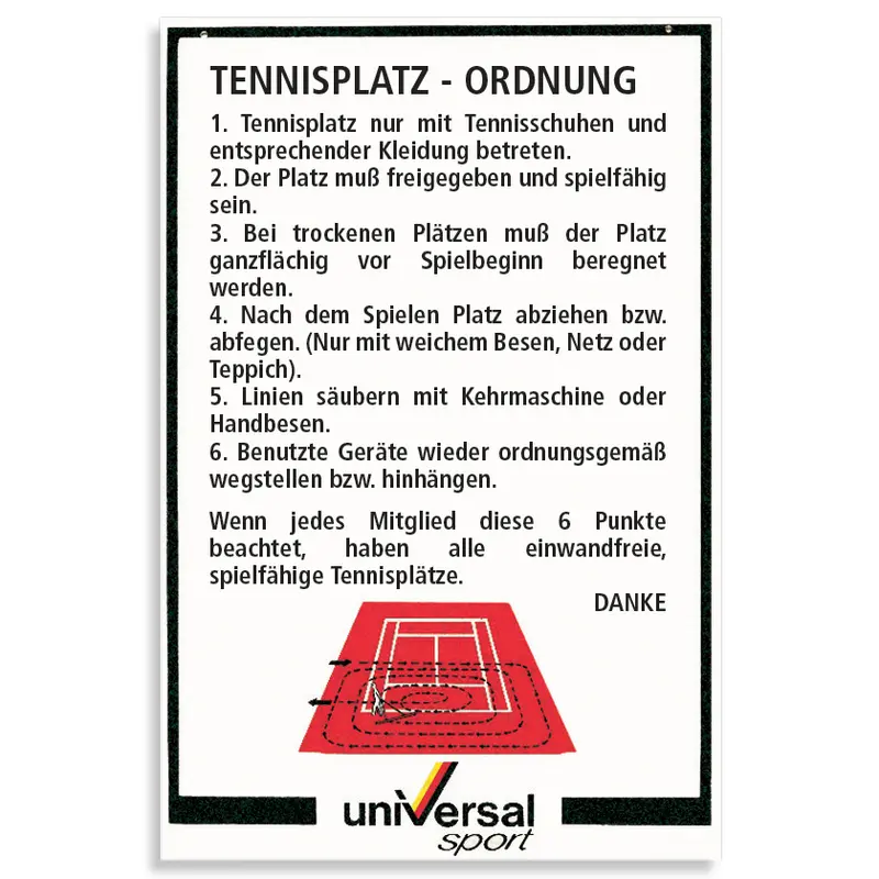 Tennisplatz Platzordnungsschild mit Fegebild